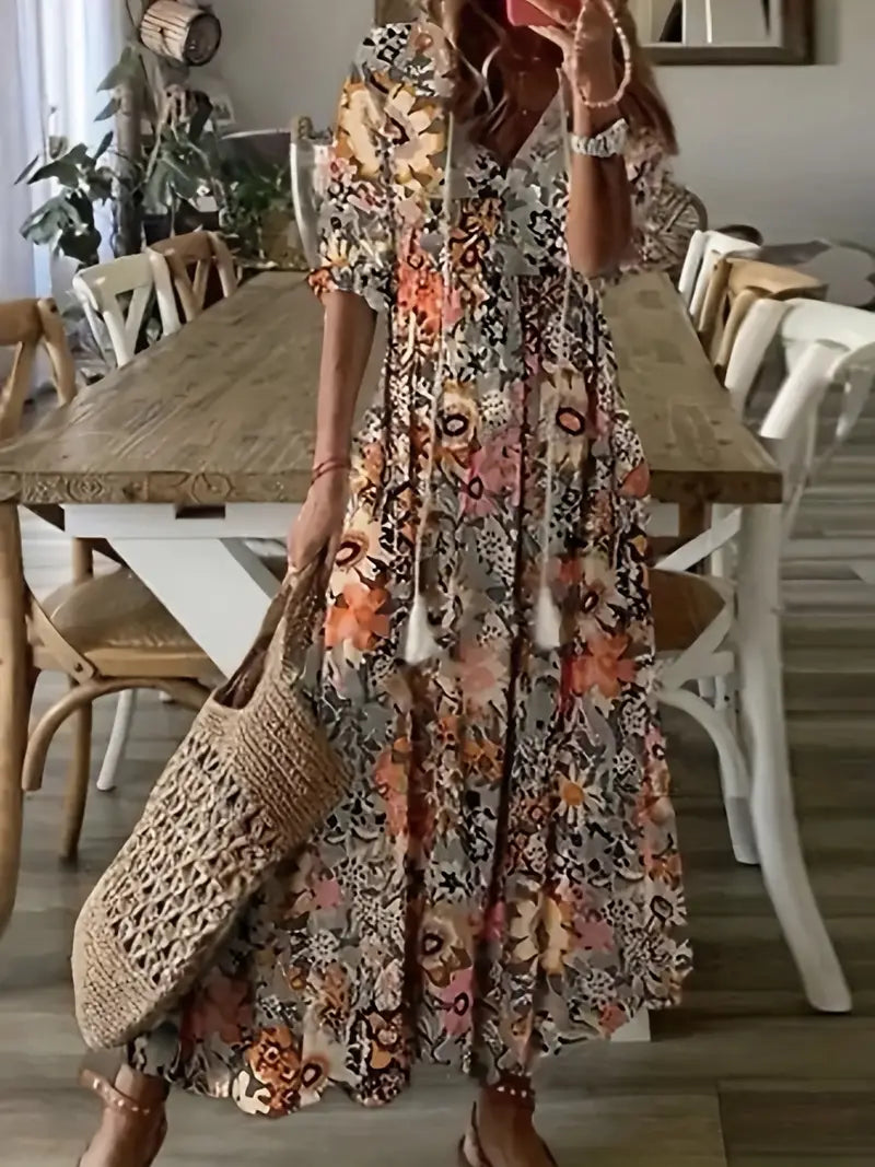 Bohemian Women's Charm Dress – Elegant Summer Dress with Ruffles, V-Neck & Ikat Pattern