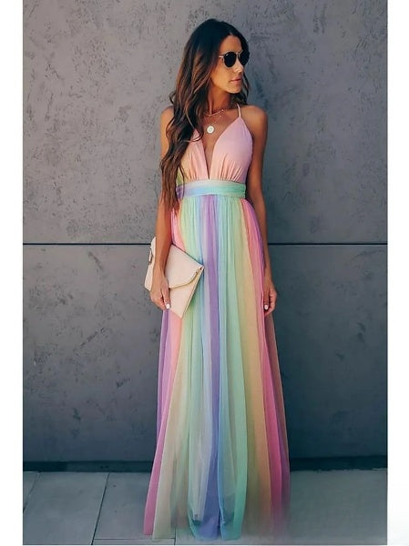 Isabelle Robe Longue Femme – Robe Élégante Dégradé Arc-En-Ciel pour Look Estival Féminin