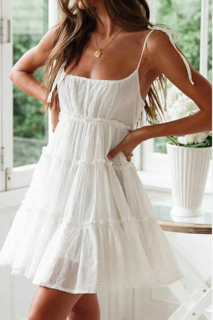 Charlotte Robe Courte Femme – Robe à Bretelles Nouées avec Taille Élastique & Ourlet à Volants