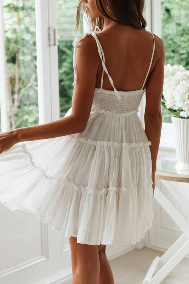 Charlotte Robe Courte Femme – Robe à Bretelles Nouées avec Taille Élastique & Ourlet à Volants