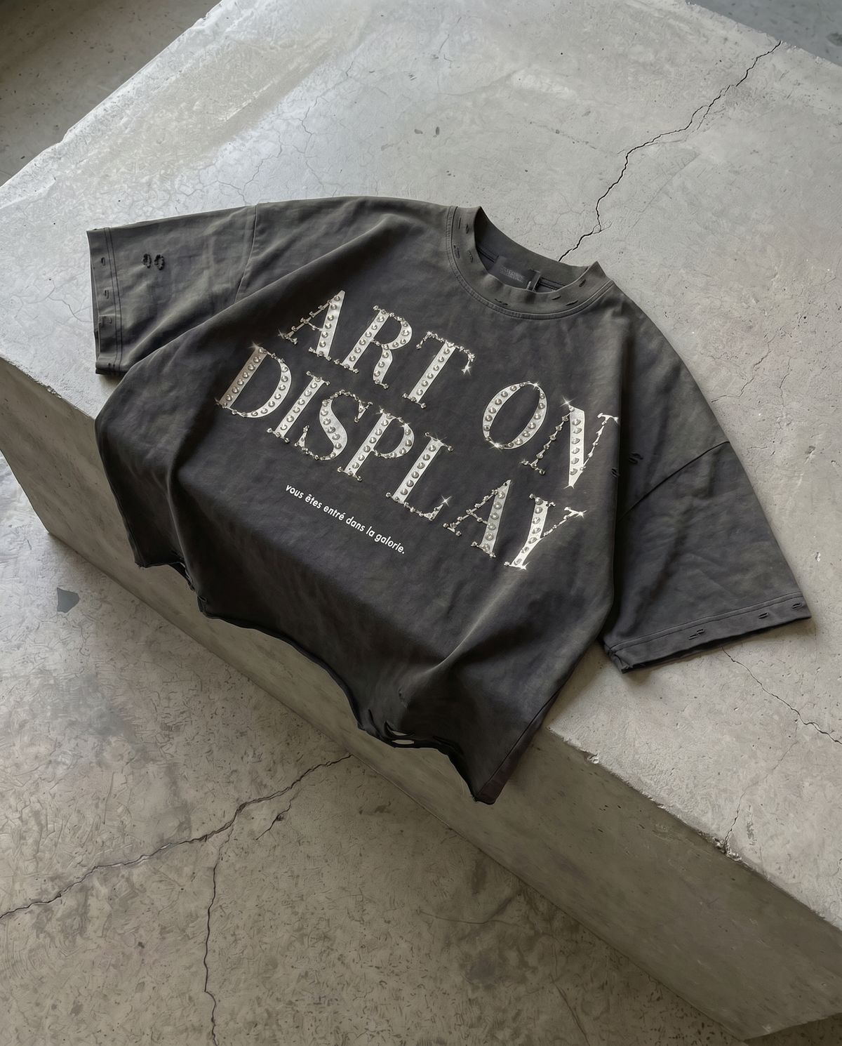 "ART ON DISPLAY" RHINESTONE DISTRESSED TEE
