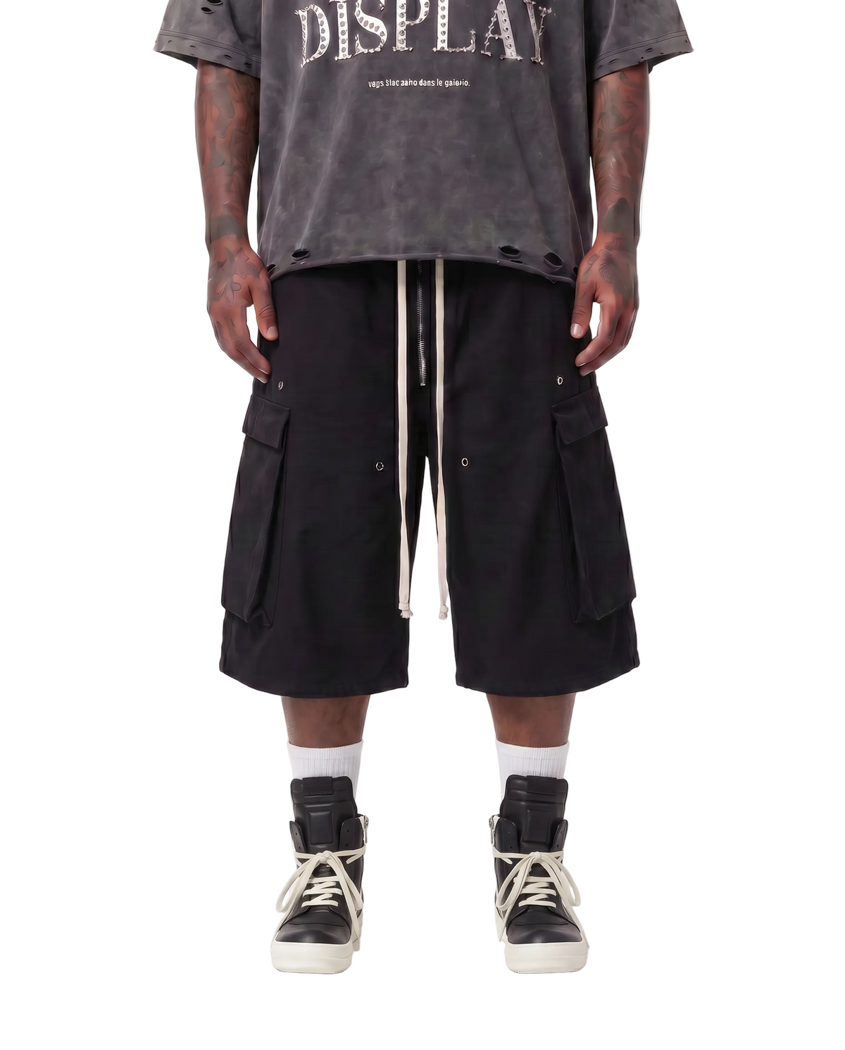 WAXED DENIM LONG CARGO SHORTS