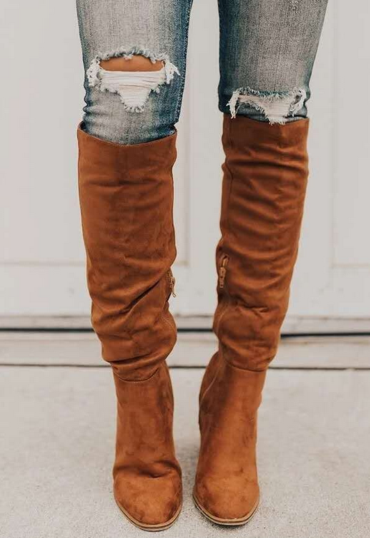 Zuri Bottes Hautes Suédées Femme – Cuissardes Élégantes à Talon Bloc & Doublure Confort
