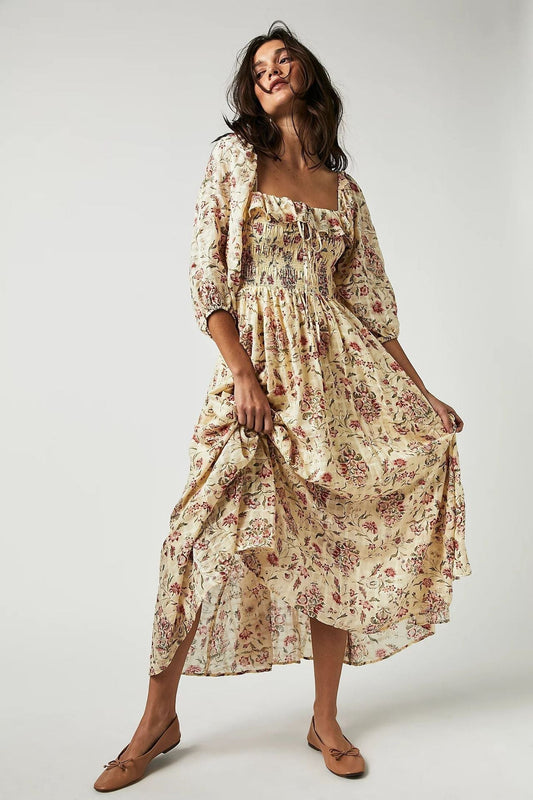 Quinn Robe Midi Femme – Robe en Coton à Fleurs avec Style Bohème Romantique & Coupe Flatteuse