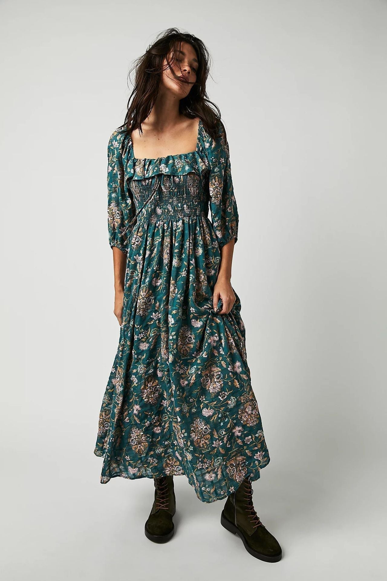 Quinn Robe Midi Femme – Robe en Coton à Fleurs avec Style Bohème Romantique & Coupe Flatteuse