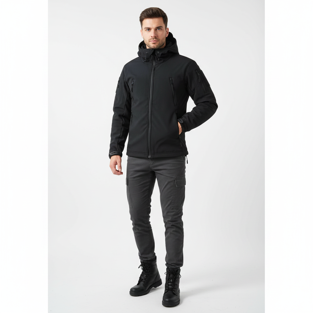 Lusian Men's Softshell Jacket – Adjustable Hooded Coat with Zipper Closure and Pockets