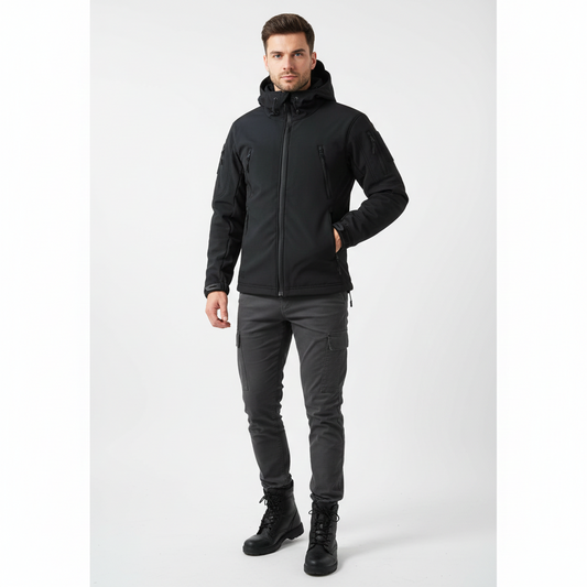 Lusian Men's Softshell Jacket – Adjustable Hooded Coat with Zipper Closure and Pockets