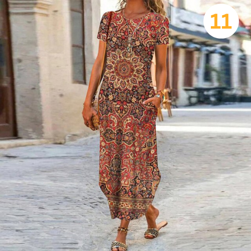 Caroline Robe Maxi Femme – Coton & Lin, Coupe Fluide et Motif Intemporel