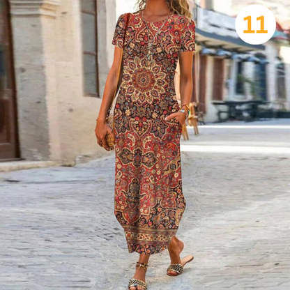 Caroline Robe Maxi Femme – Coton & Lin, Coupe Fluide et Motif Intemporel