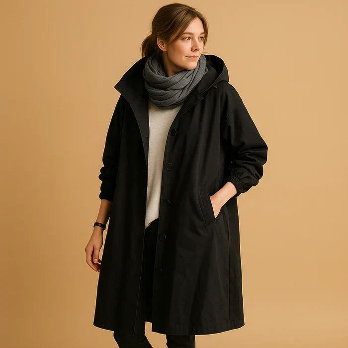 Hannah Manteau Femme Imperméable – Veste de Pluie Longue à Capuche avec Poignets Ajustables & Fermeture à Boutons