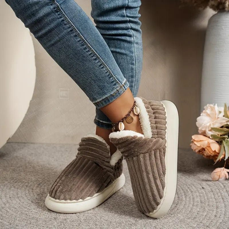 Lily Femme Chaussons – Pantoufles en Velours Côtelé avec Doublure Fourrure & Semelle Antidérapante