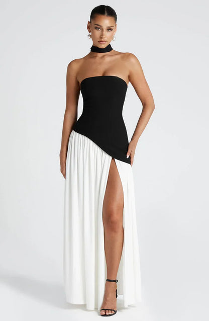 Victoria Long Dress for Women – Two-Tone Strapless Evening Gown with High Slit & Matching Scarf