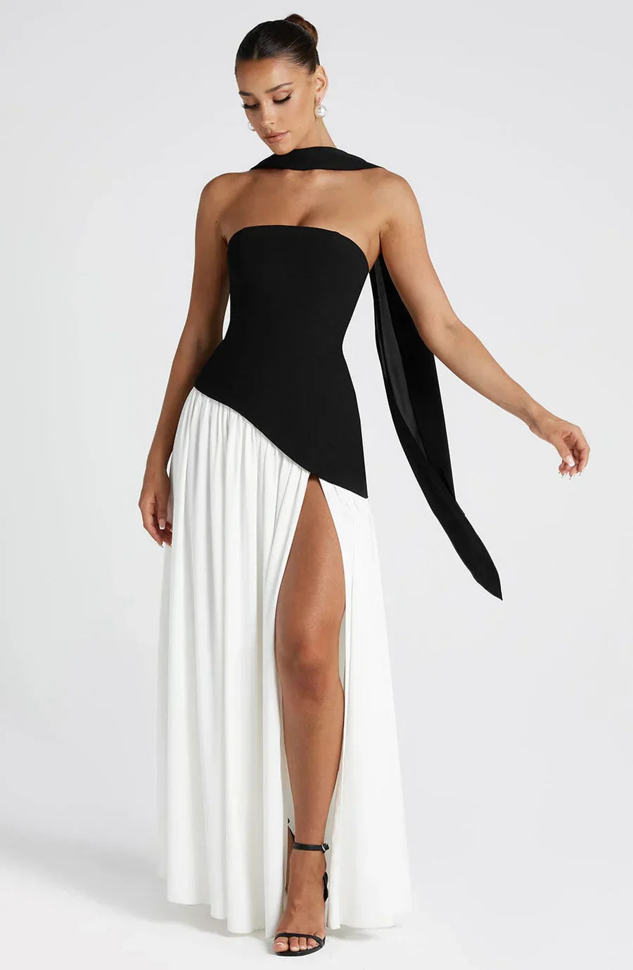 Victoria Long Dress for Women – Two-Tone Strapless Evening Gown with High Slit & Matching Scarf