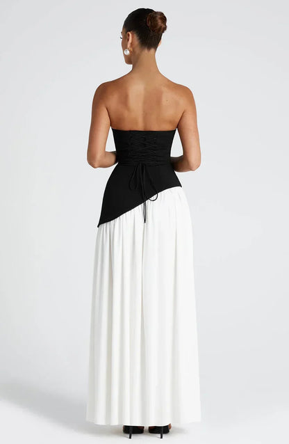 Victoria Long Dress for Women – Two-Tone Strapless Evening Gown with High Slit & Matching Scarf