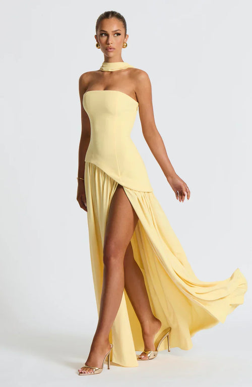 Victoria Long Dress for Women – Two-Tone Strapless Evening Gown with High Slit & Matching Scarf