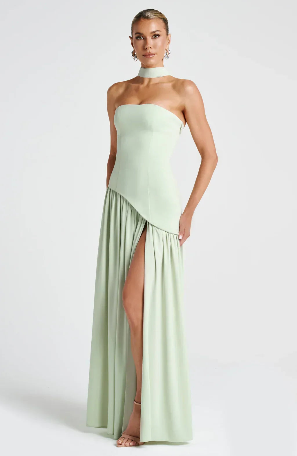 Victoria Long Dress for Women – Two-Tone Strapless Evening Gown with High Slit & Matching Scarf