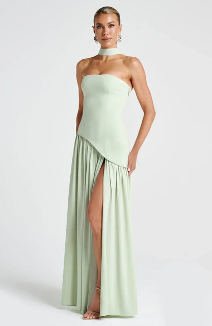 Victoria Long Dress for Women – Two-Tone Strapless Evening Gown with High Slit & Matching Scarf