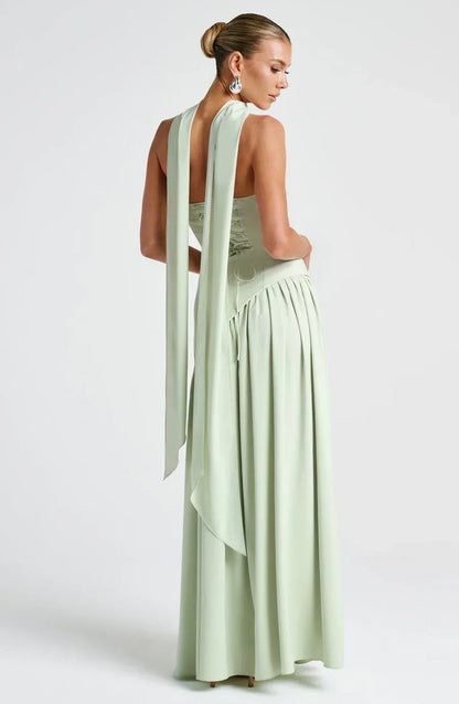 Victoria Long Dress for Women – Two-Tone Strapless Evening Gown with High Slit & Matching Scarf