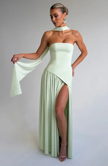 Victoria Long Dress for Women – Two-Tone Strapless Evening Gown with High Slit & Matching Scarf