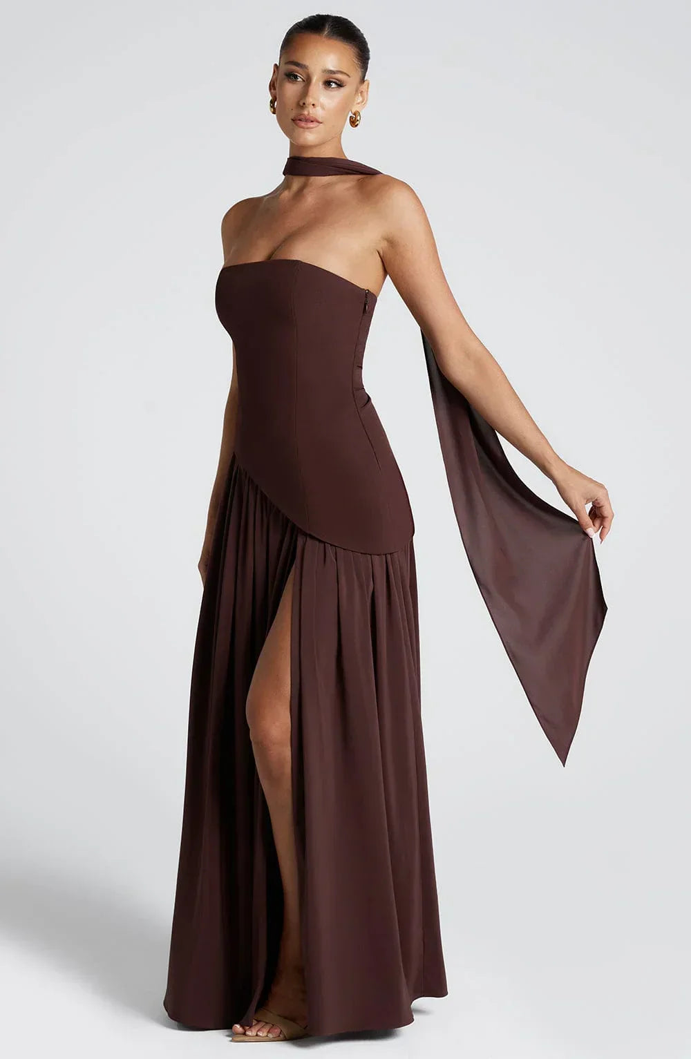 Victoria Long Dress for Women – Two-Tone Strapless Evening Gown with High Slit & Matching Scarf