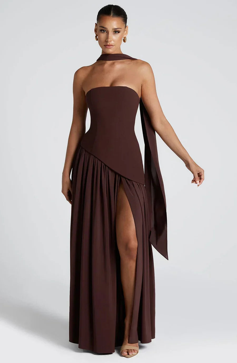 Victoria Long Dress for Women – Two-Tone Strapless Evening Gown with High Slit & Matching Scarf