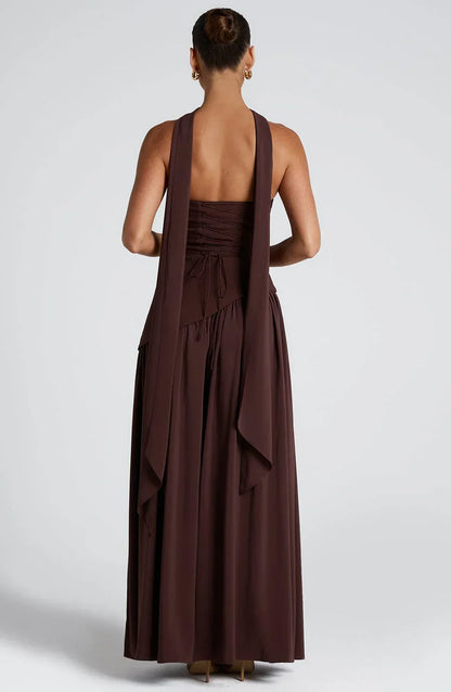 Victoria Long Dress for Women – Two-Tone Strapless Evening Gown with High Slit & Matching Scarf