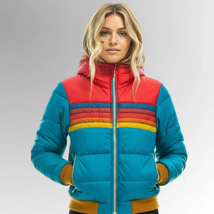Scarlett Doudoune Femme Rétro – Manteau d'Hiver Multicolore avec Capuche et Fermeture Éclair