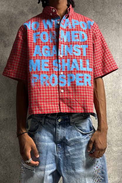 'NO WEAPON FORMED' PLAID BUTTON SHIRT