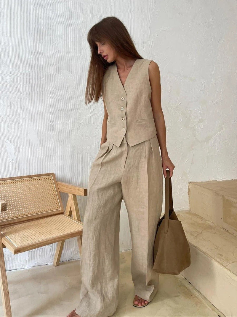 Freya Linen Ensemble for Women – Summer Coordinated Set with Sleeveless Jacket & Wide-Leg Pants in Natural Style