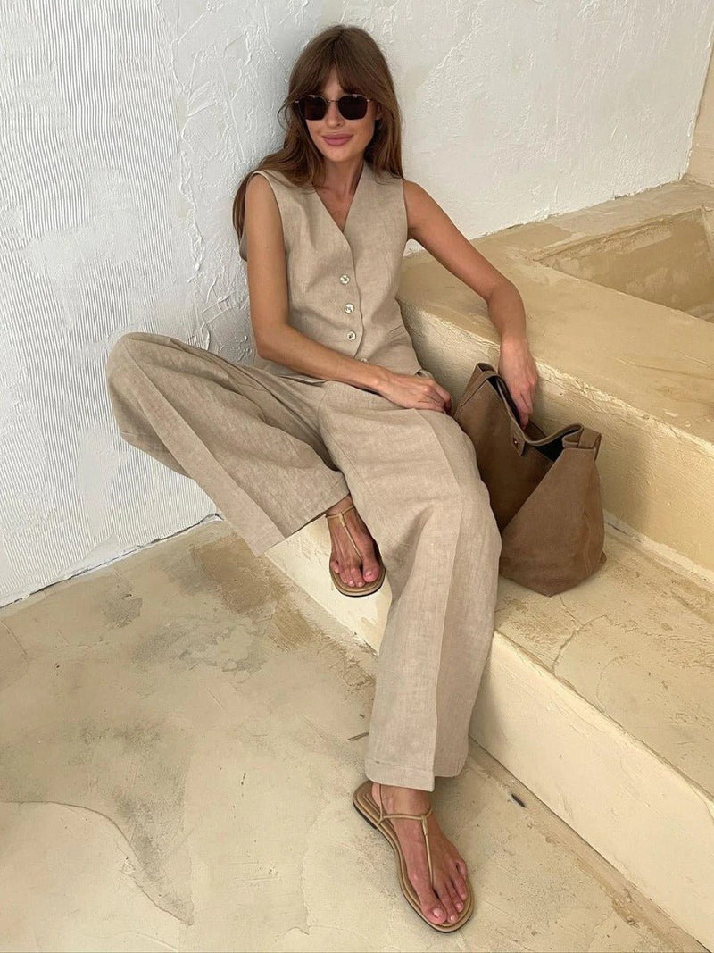 Freya Linen Ensemble for Women – Summer Coordinated Set with Sleeveless Jacket & Wide-Leg Pants in Natural Style