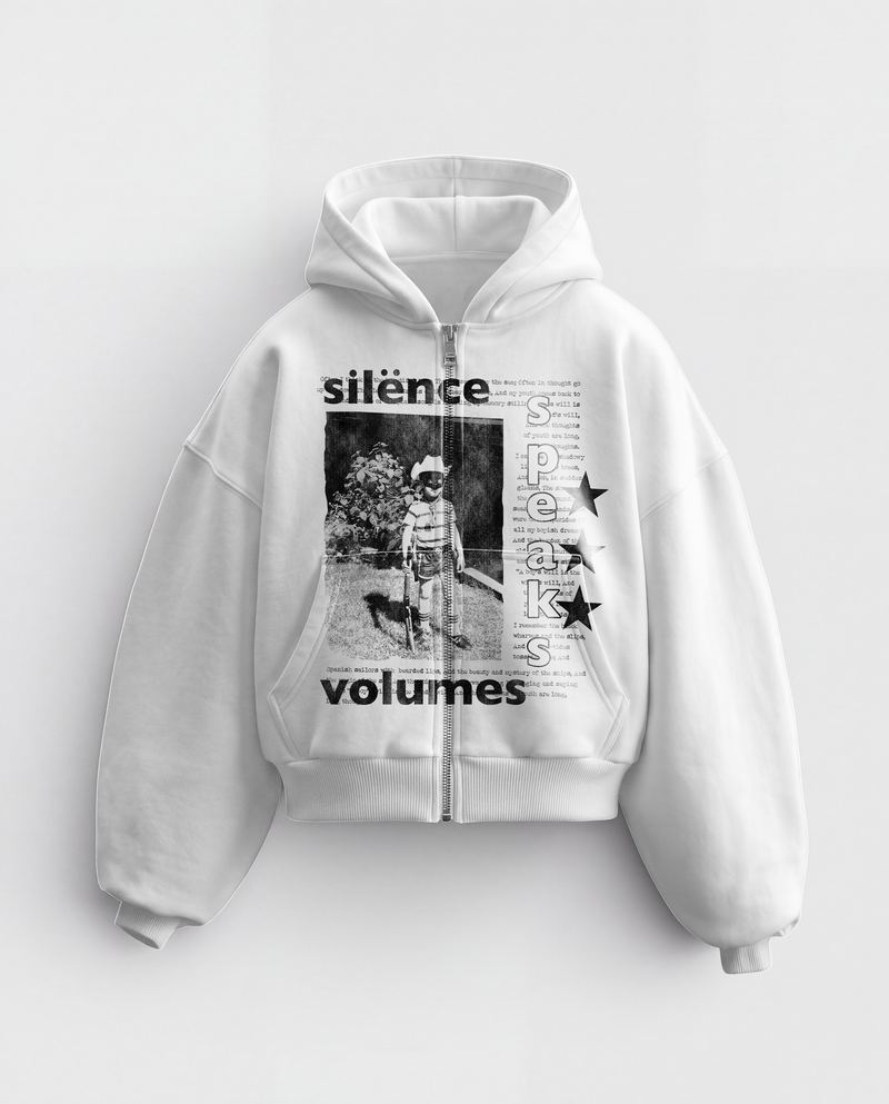 'SILENCE SPEAKS VOLUMES' HEAVYWEIGHT BOXY ZIPUP HOODIE