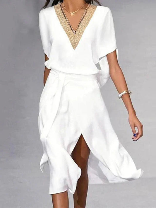 Isabella Midi Dress for Women – Elegant White Dress with V-Neck & Timeless Minimalist Design