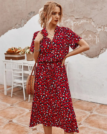 Ulvienne Robe d’Été Femme – Robe Midi à Manches Courtes avec Ceinture à la Taille & Imprimé Tendance
