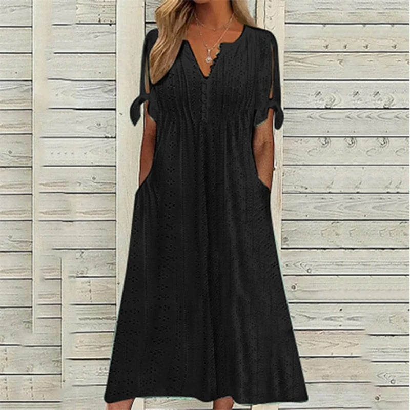 Mariah Robe Midi Été Femme – Élégante Robe à Col en V en Broderie Anglaise Légère
