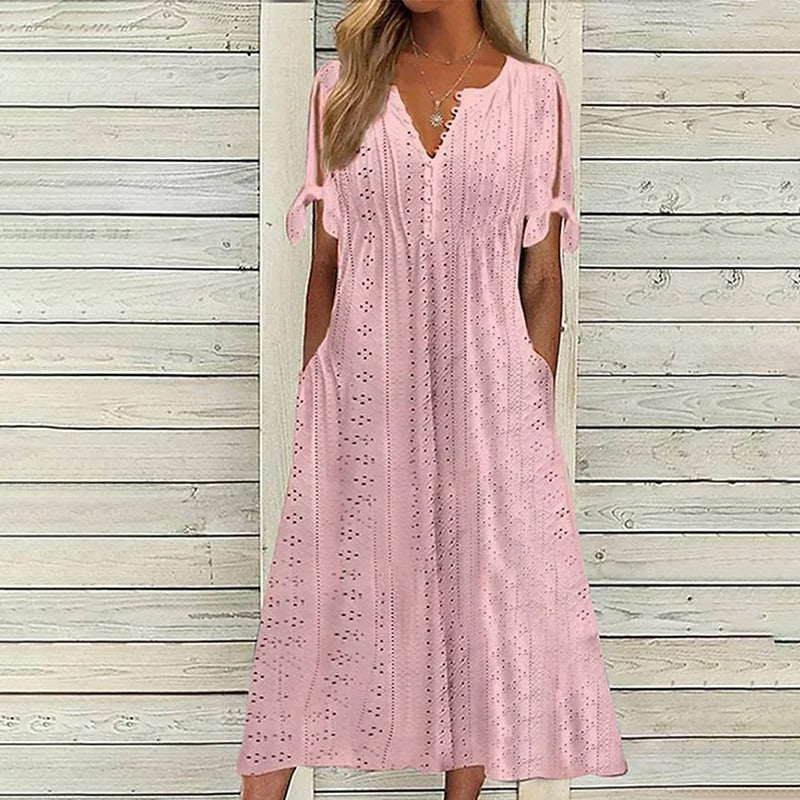 Mariah Robe Midi Été Femme – Élégante Robe à Col en V en Broderie Anglaise Légère