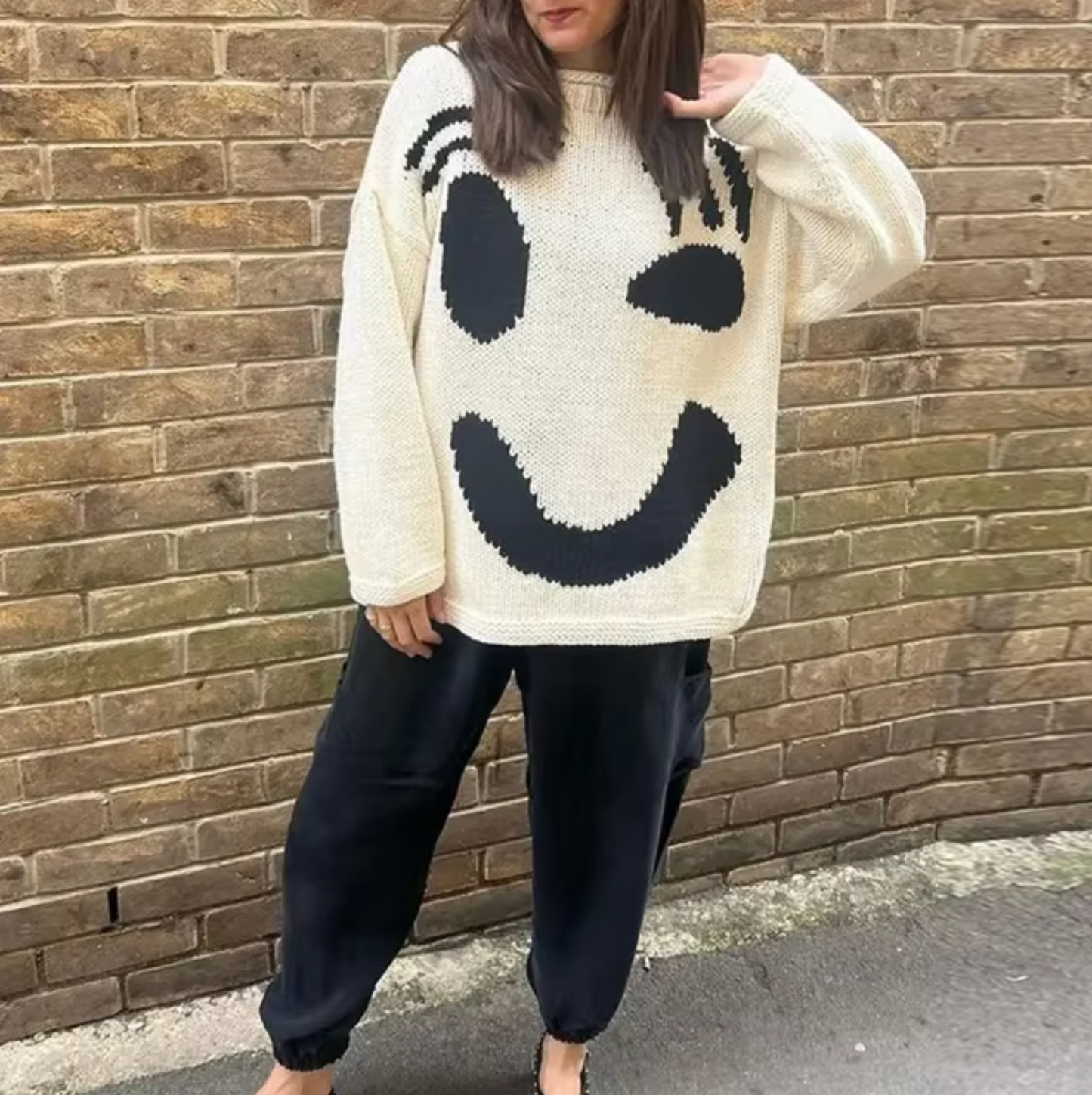 Fay Pull Femme Oversize Bohème – Sweat Doux en Coton avec Motif Sourire Tendance